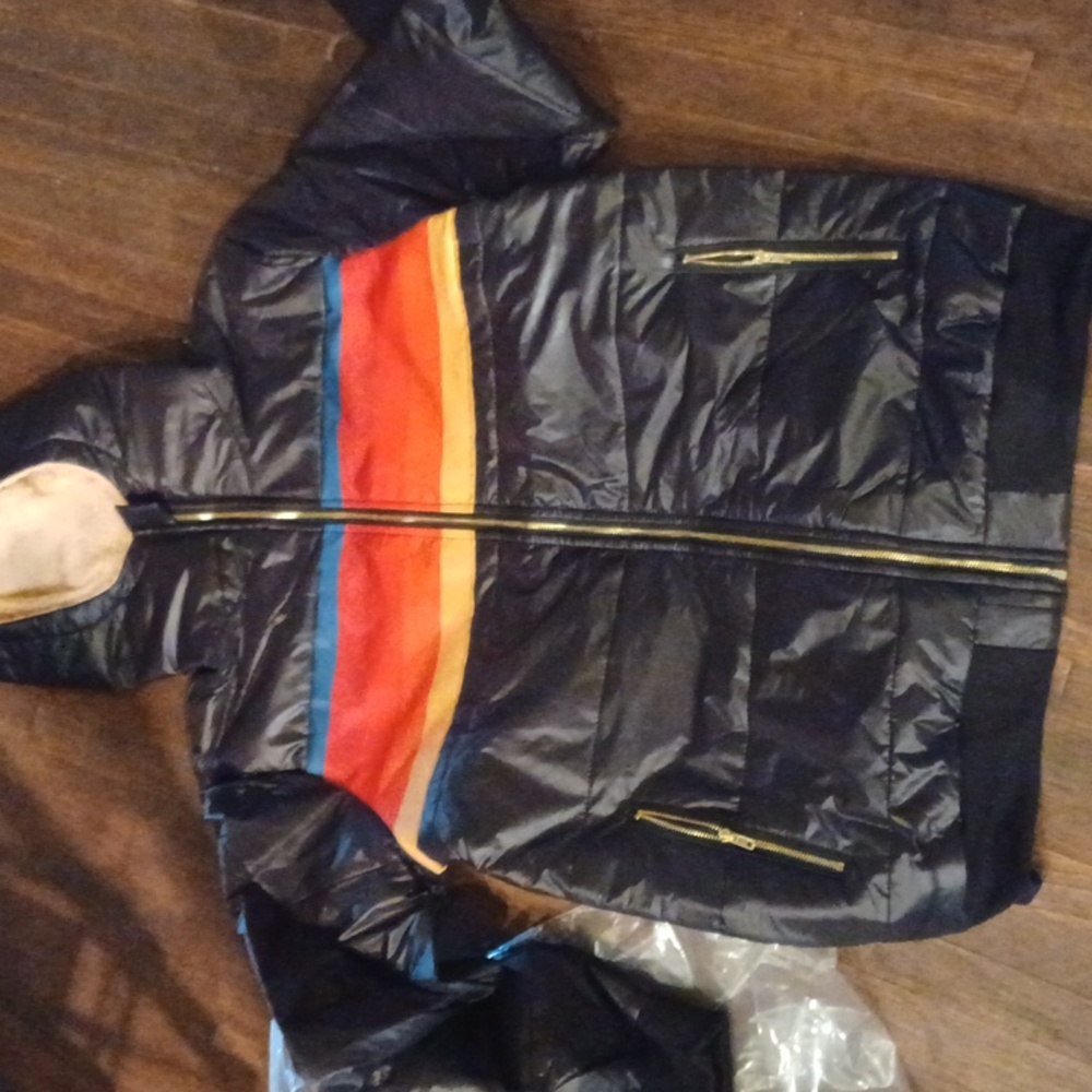 SALE 1 left New!Retro Women's Black Puffer Jacket with Rainbow Stripes - Picture 6 of 8